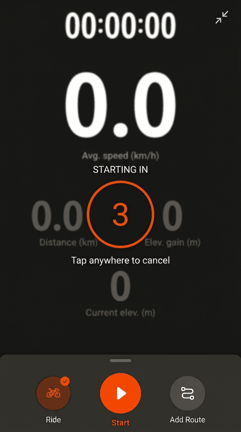 The same screen with the stats dimmed behind a countdown overlay reading STARTING IN, a large orange circle containing the numeral 3, and the text Tap anywhere to cancel.