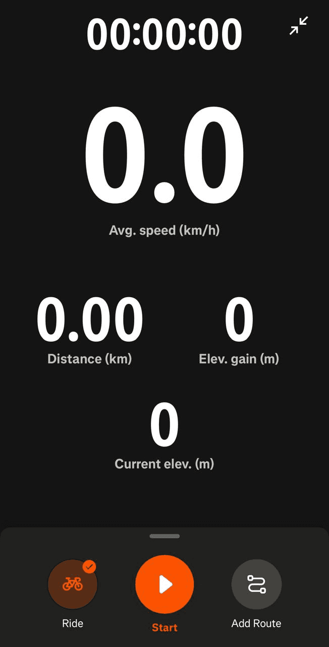 Strava's pre-recording screen: a stats readout showing a zeroed timer, average speed, distance and elevation, with Ride, Start and Add Route buttons at the bottom.