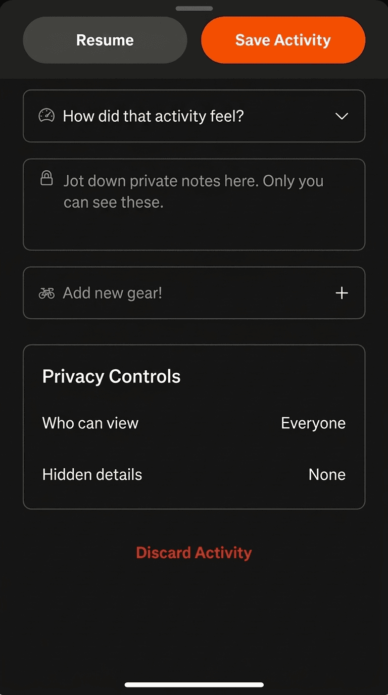 The same screen with Resume and Save Activity as adjacent buttons in a bar fixed at the top, and the visibility settings consolidated into one Privacy Controls card.