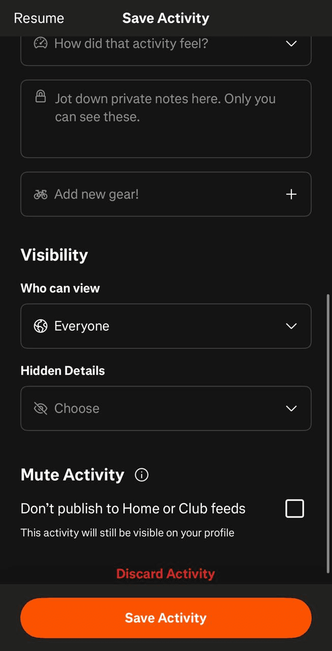 Strava's Save Activity screen: Resume sits in the top bar, Save Activity at the bottom of a long scroll, with Visibility and Mute Activity as separate scattered sections.