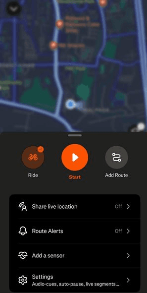 Strava's pre-recording bottom sheet showing five surfaces at once: the activity type and Start buttons, plus rows for Share live location, Route Alerts, Add a sensor and Settings.